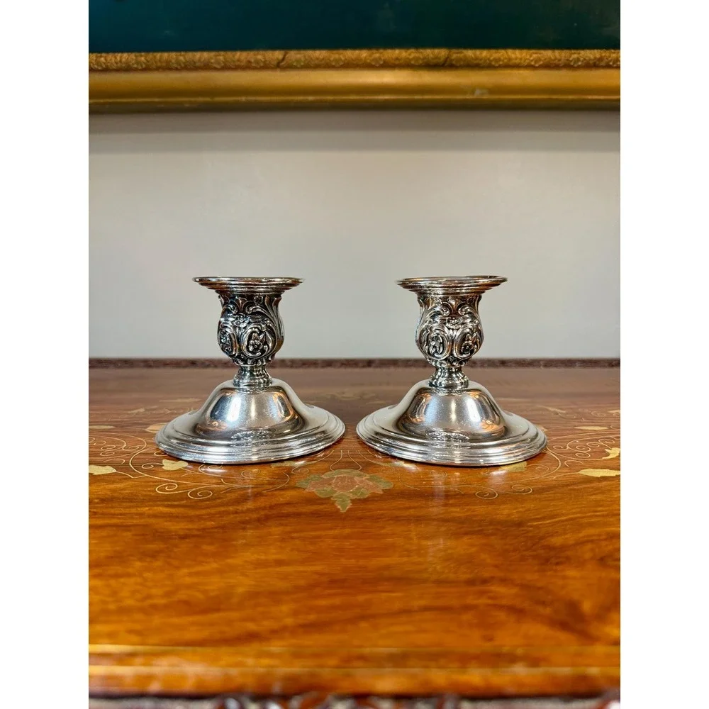 Vintage Wm Rogers Silverplate Candlestick Holders Pair • Victorian Rose Pattern